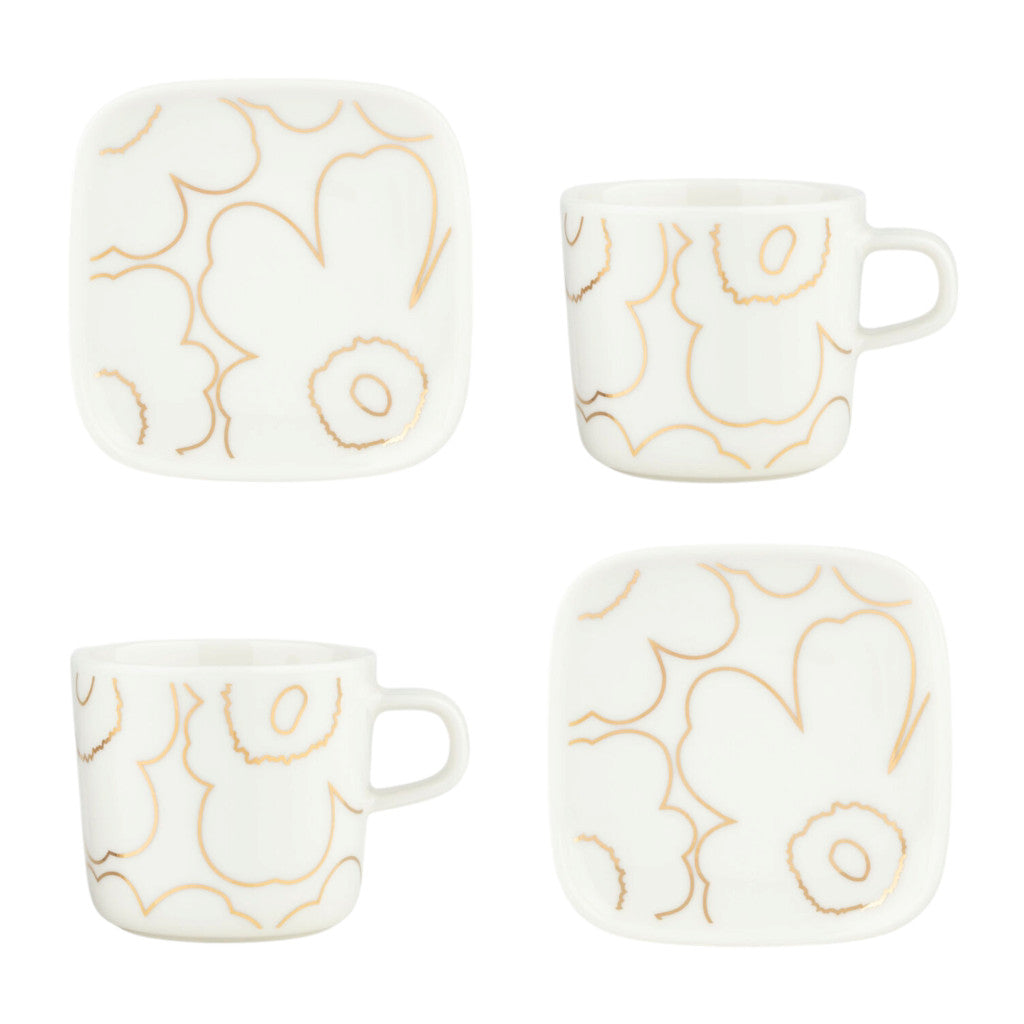 Darilni set 2 skodelic 2dl z 2 krožnikoma Oiva Piirto Unikko zlata Marimekko