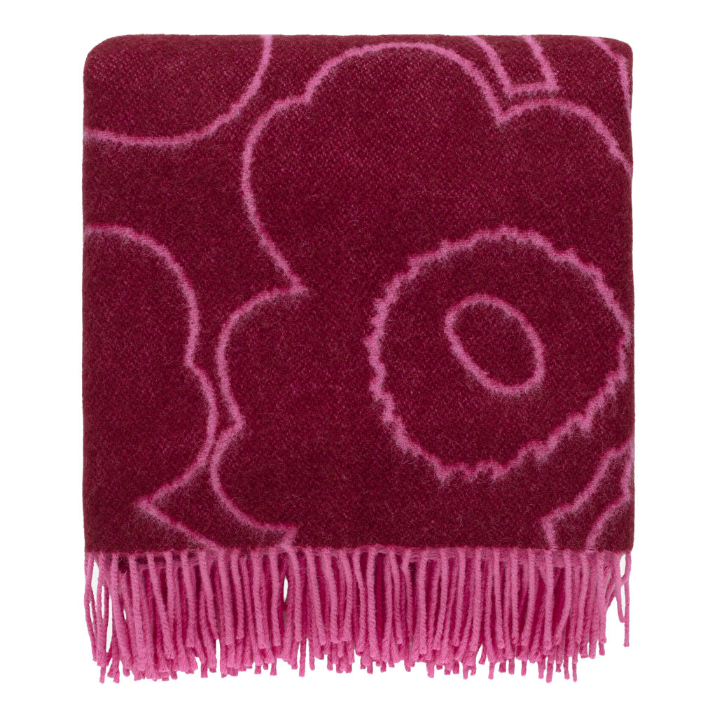 Volnena odeja Piirto Unikko 130x170cm vinsko rdeča, fuksija Marimekko