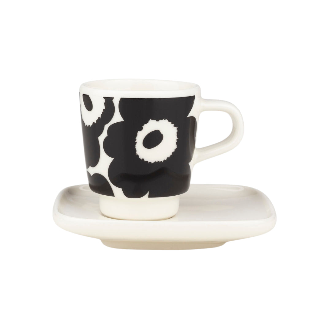 Espresso skodelica s krožnikom Oiva  Unikko črna Marimekko